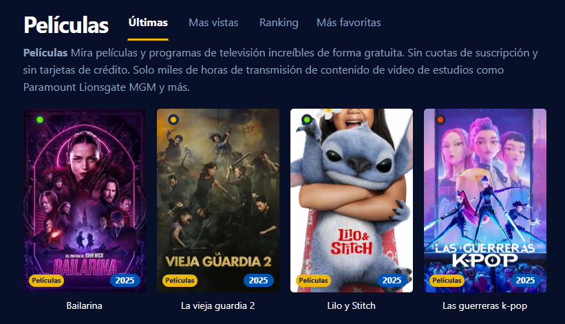 Captura de pantalla de la interfaz de usuario de Pelisplus  mostrando una amplia variedad de películas y series.